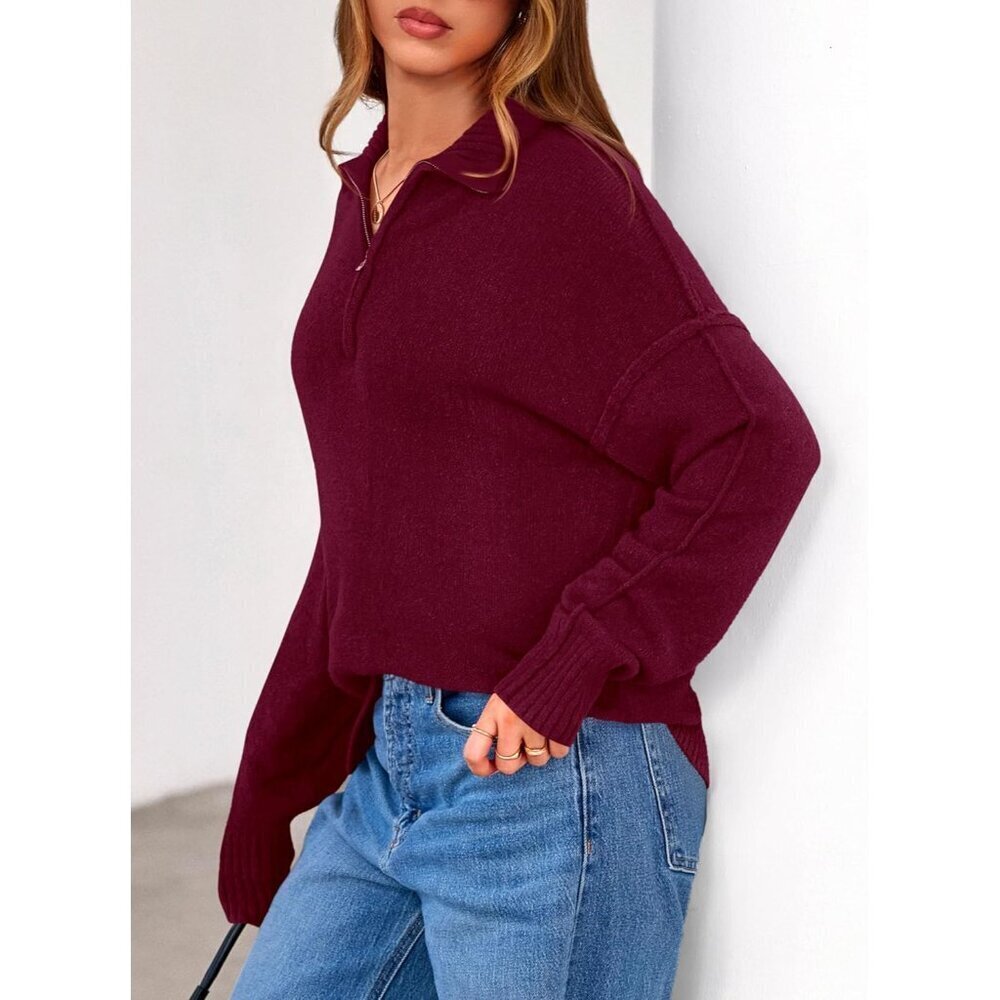 Women's V Neck Quarter Zip Sweater Fall Long Sleeve Collared Business Casual - Picture 7 of 8